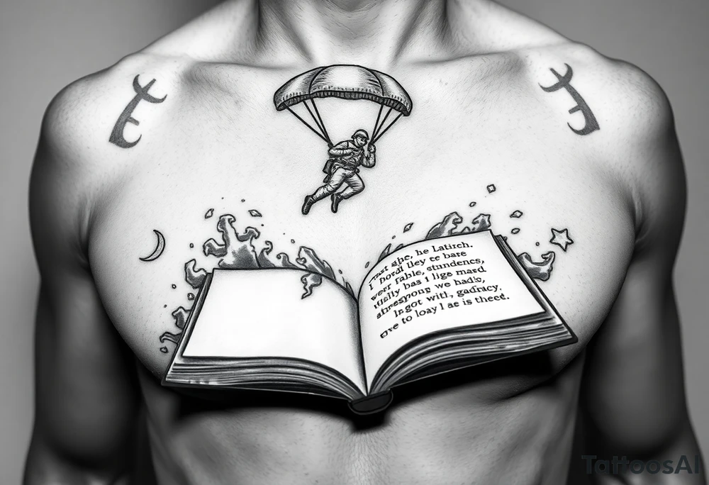 A parachuting soldier landing into an open book. Chaos surrounding, but a sense of security inside the book. On the chest. book contains a quote tattoo idea