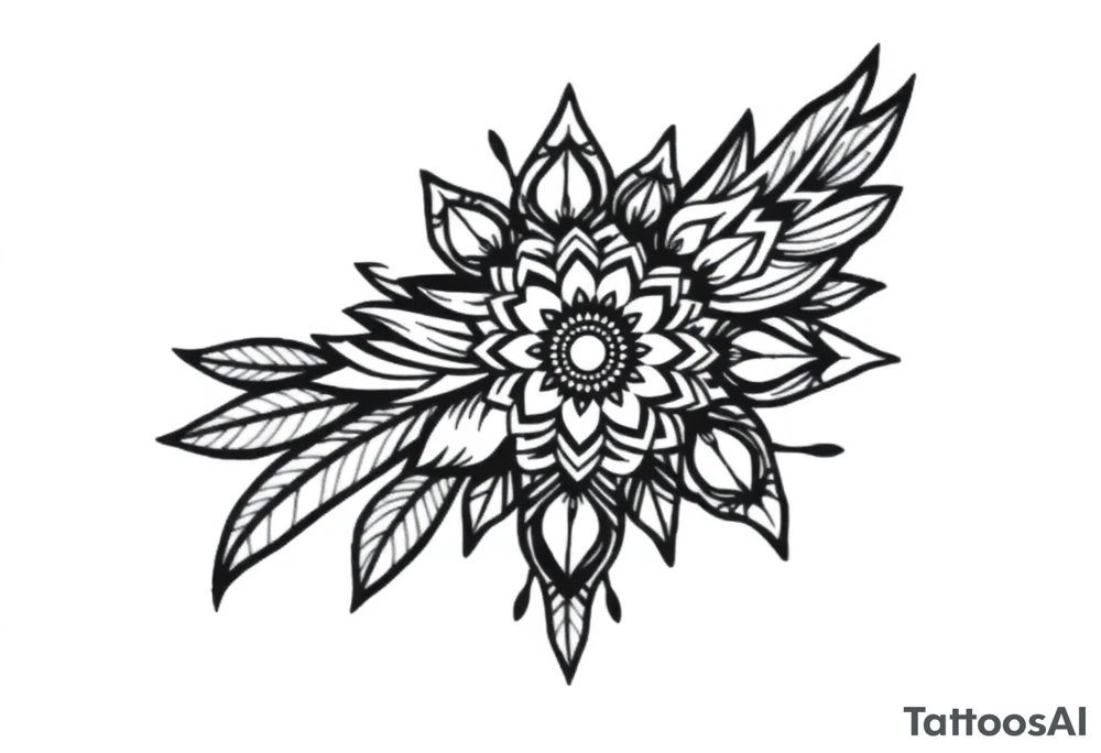 spiritual bold line feather indian mandala shaman tattoo idea