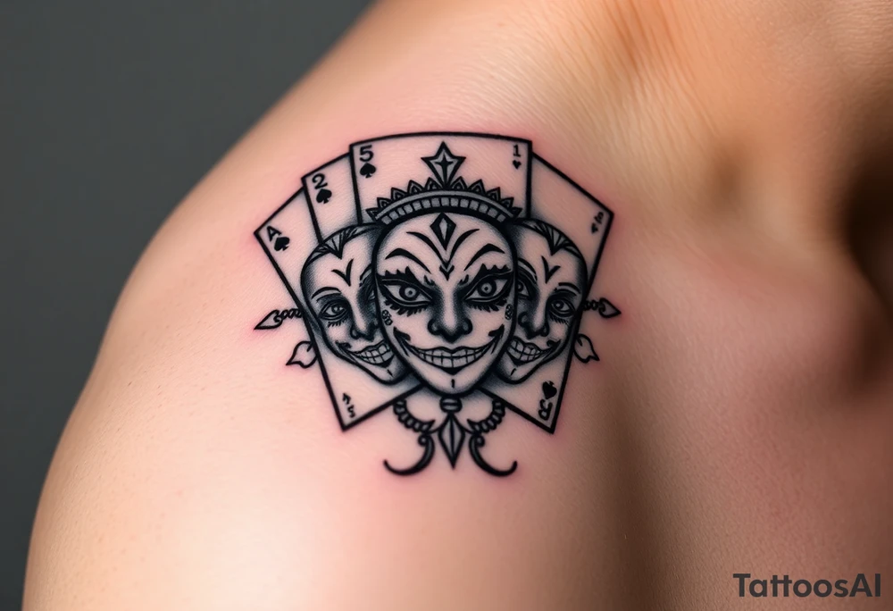 5 playing cards surrounded by twin Gemini zodiac sign and smile now cry later masks tattoo idea