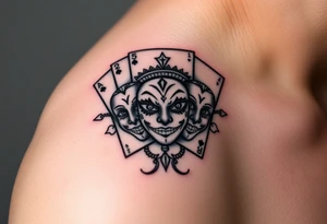 5 playing cards surrounded by twin Gemini zodiac sign and smile now cry later masks tattoo idea