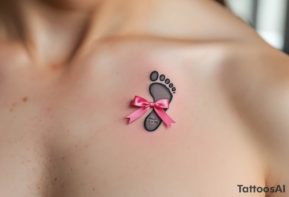A tiny footprint in soft gray with a pink ribbon tied around it, personalized with a birthdate Lena 26. 03. 2019. tattoo idea