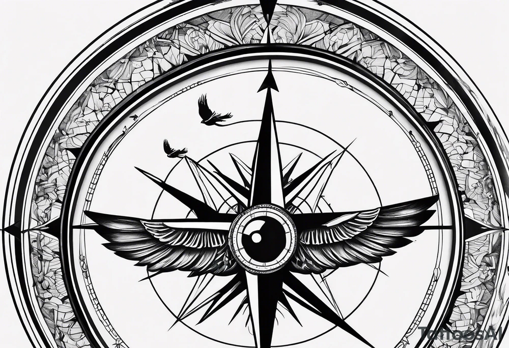 Simple compass with three black birds flying by north tattoo idea Simple compass with three black birds flying by north tattoo idea