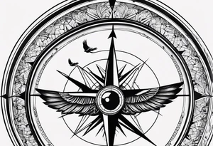 Simple compass with three black birds flying by north tattoo idea
