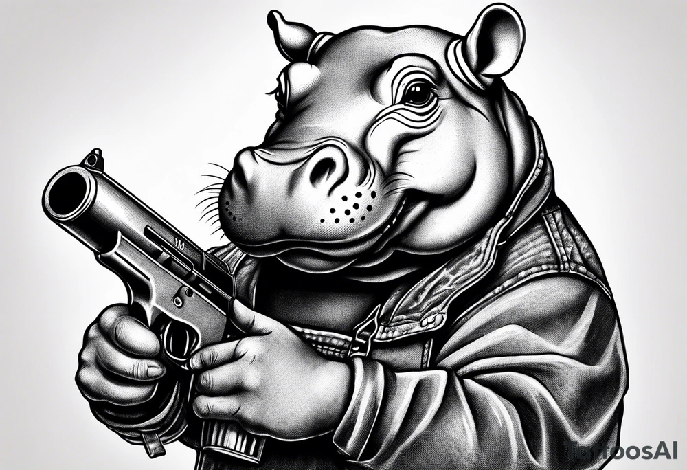 Baby hippo wearing overalls and holding a gun tattoo idea