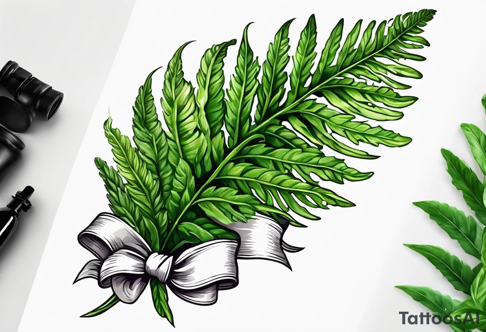 Fern leaf and basil leaf tied with a ribbon tattoo idea