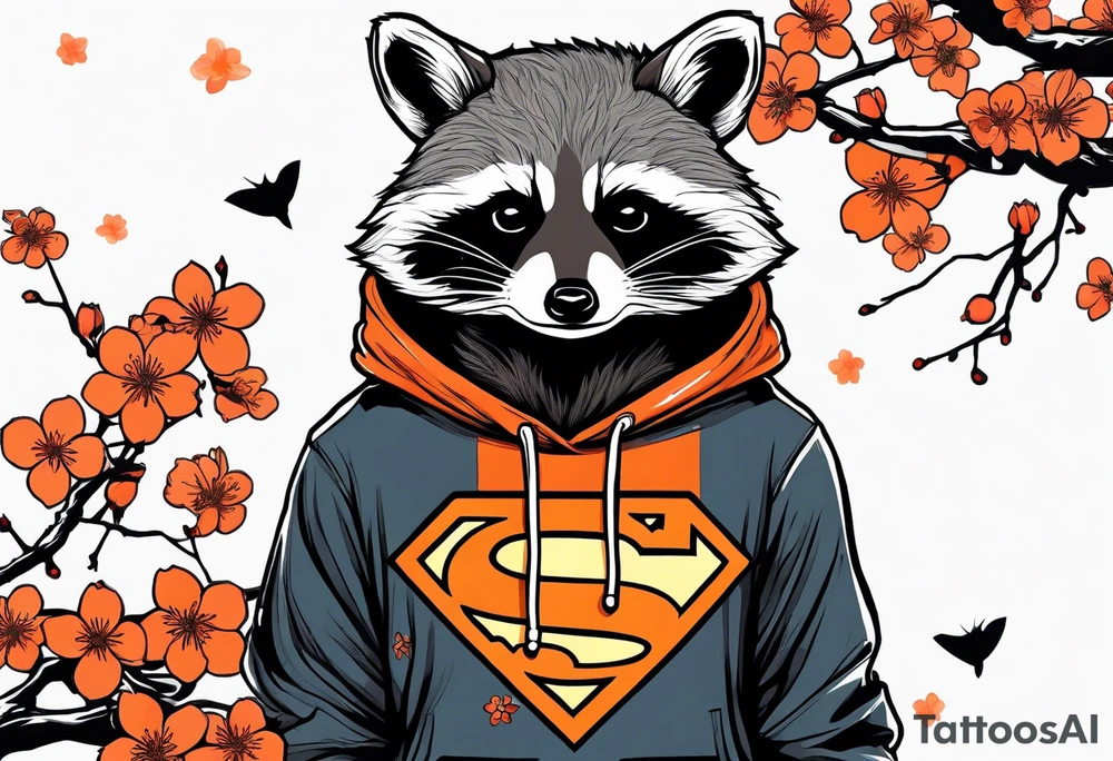 raccoon wearing a black and white Superman hoodie and orange Japanese cherry blossoms tattoo idea