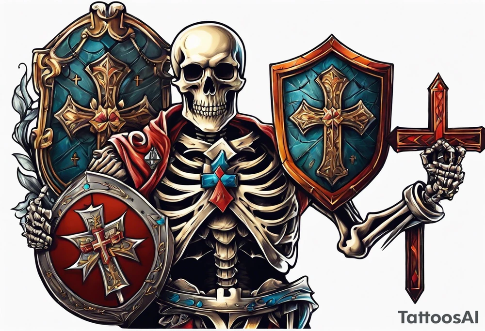 skeleton holding a shield with a cross on it tattoo idea