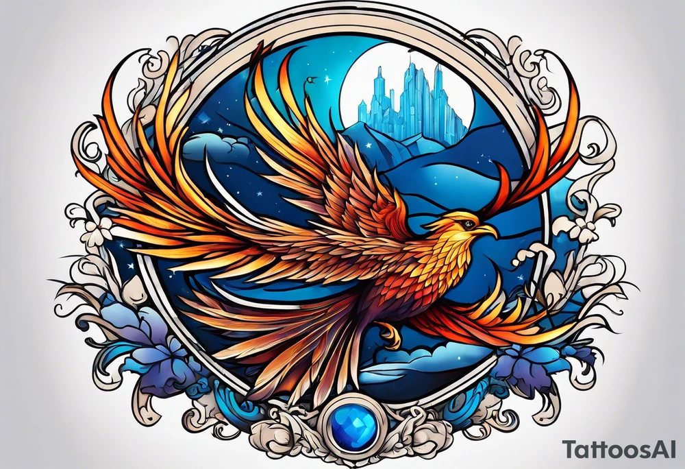 phoenix sur une lune bleu tattoo idea