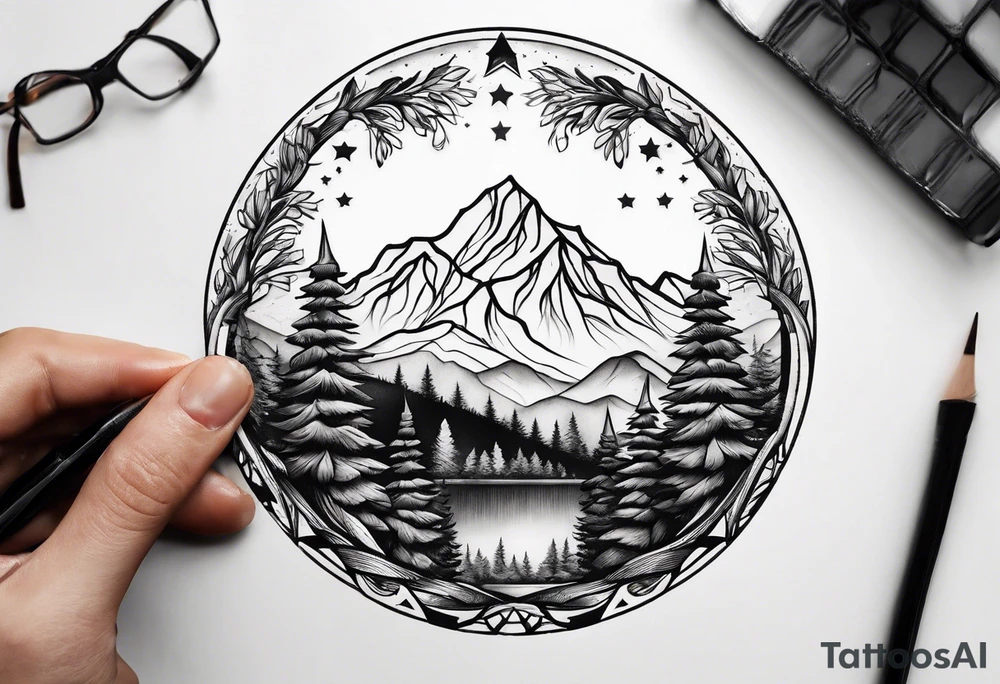 small circle shape trees mountain tattoo idea