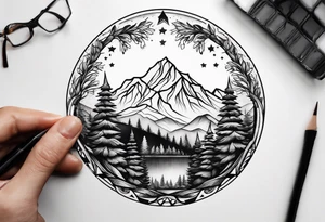 small circle shape trees mountain tattoo idea