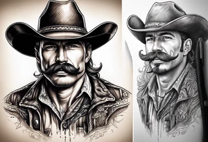 Cowboy at cross with handlebar mustache tattoo idea