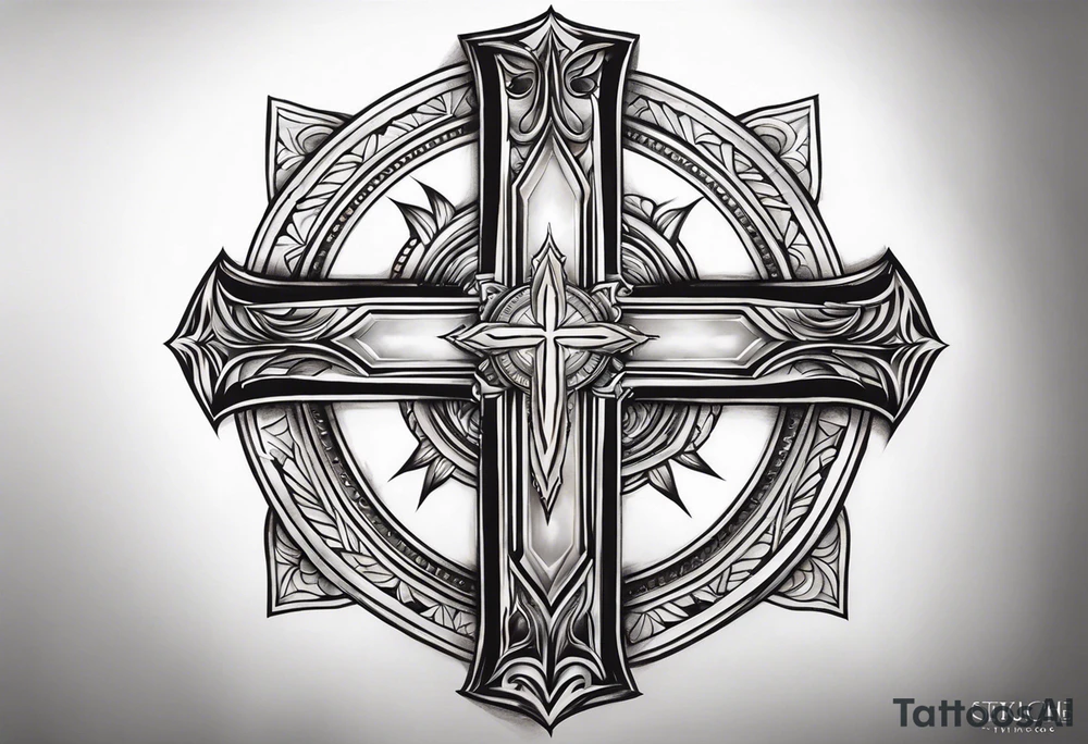 Realistic Tattoo: A refined cross with a soft halo surrounding it, symbolizing light and spirituality. Delicate rays extend outward from the halo, adding a subtle glow and depth. The cross itself is simple and elegant, with potential for small, intricate line details within the design. Style: Realism tattoo idea