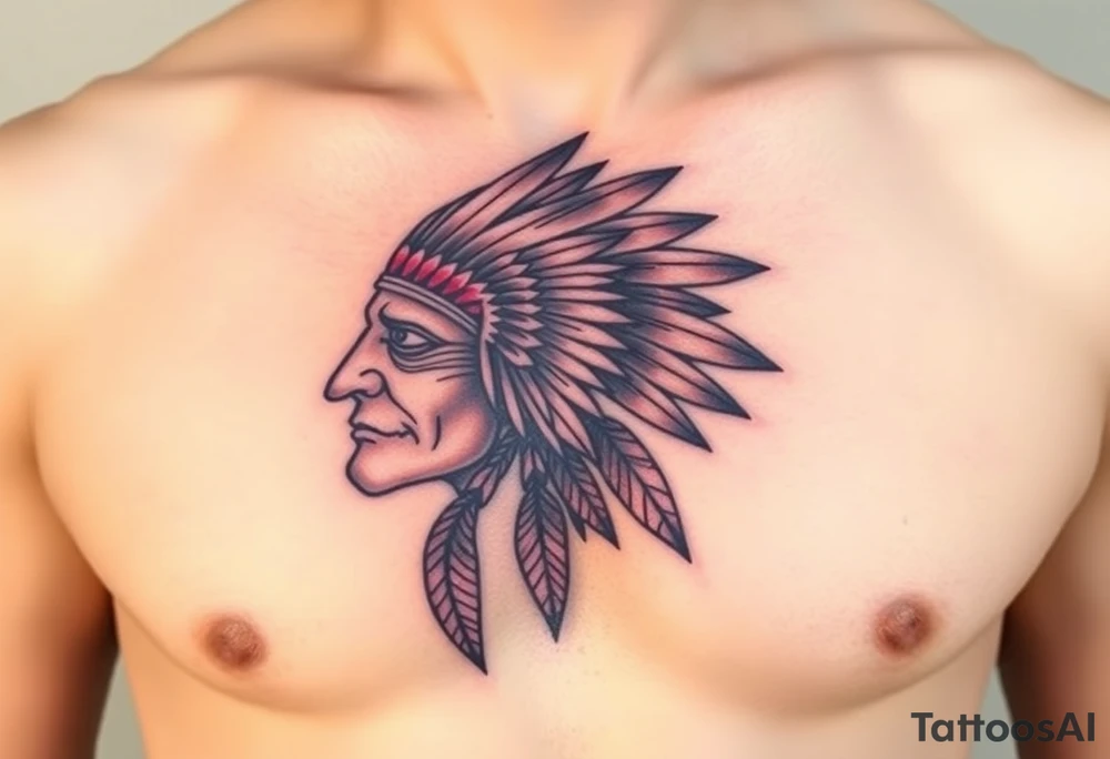 Native American chest in full color male left peck tattoo idea