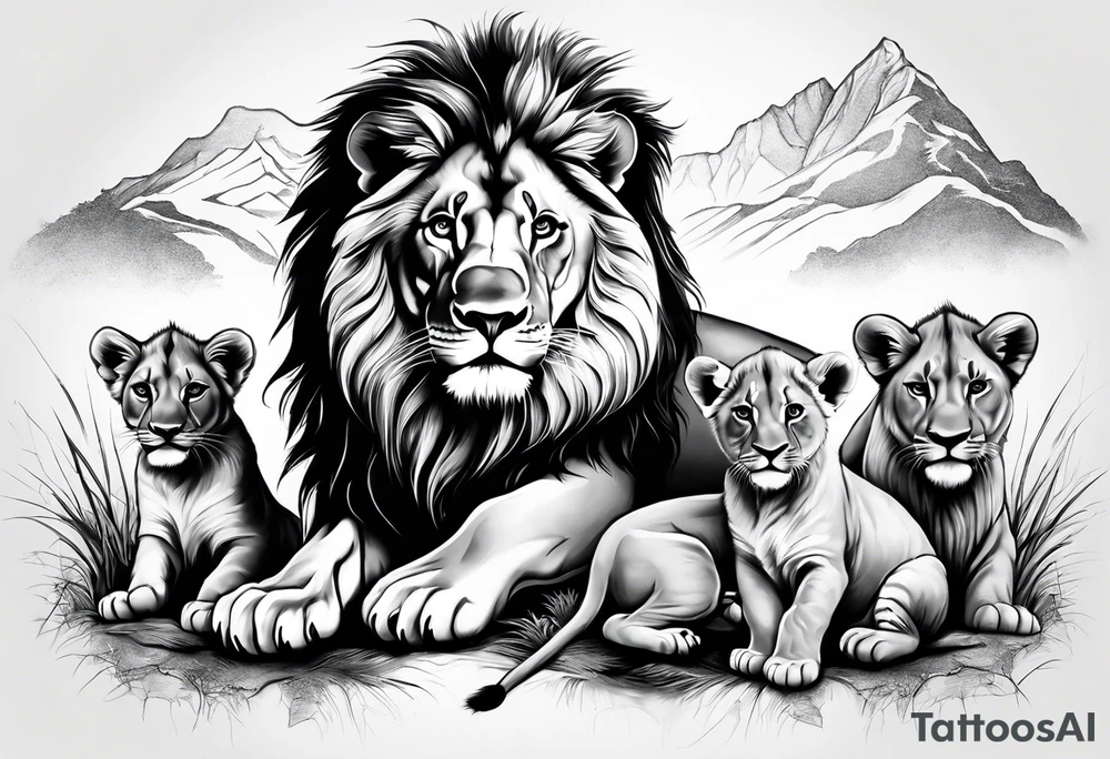 Full sleeve tattoo depicting a large lion protecting his lioness and 6 lion cubs. Background should depict a safari scene tattoo idea