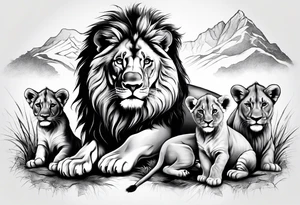 Full sleeve tattoo depicting a large lion protecting his lioness and 6 lion cubs. Background should depict a safari scene tattoo idea