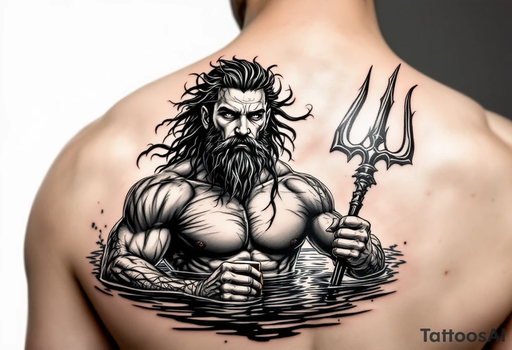 young, fit poseidon in calm water, holding a trident, holding a beer, looking at you tattoo idea