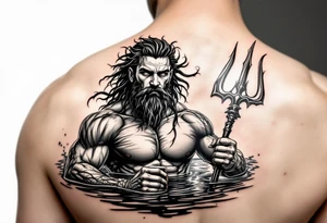 young, fit poseidon in calm water, holding a trident, holding a beer, looking at you tattoo idea