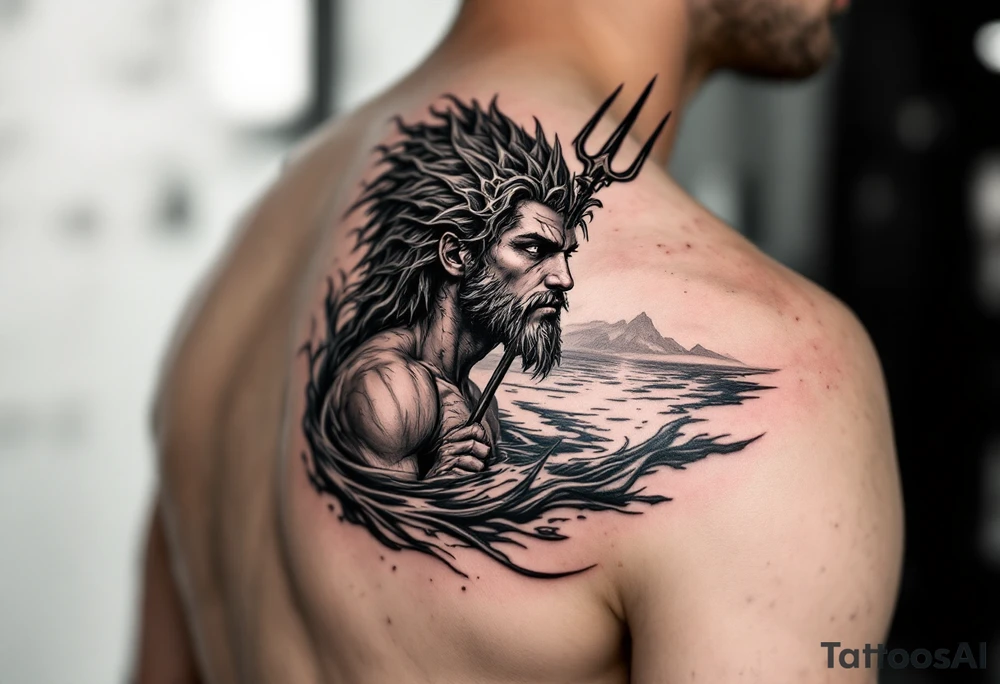 young poseidon, with trident, in water, looking at the horizon tattoo idea