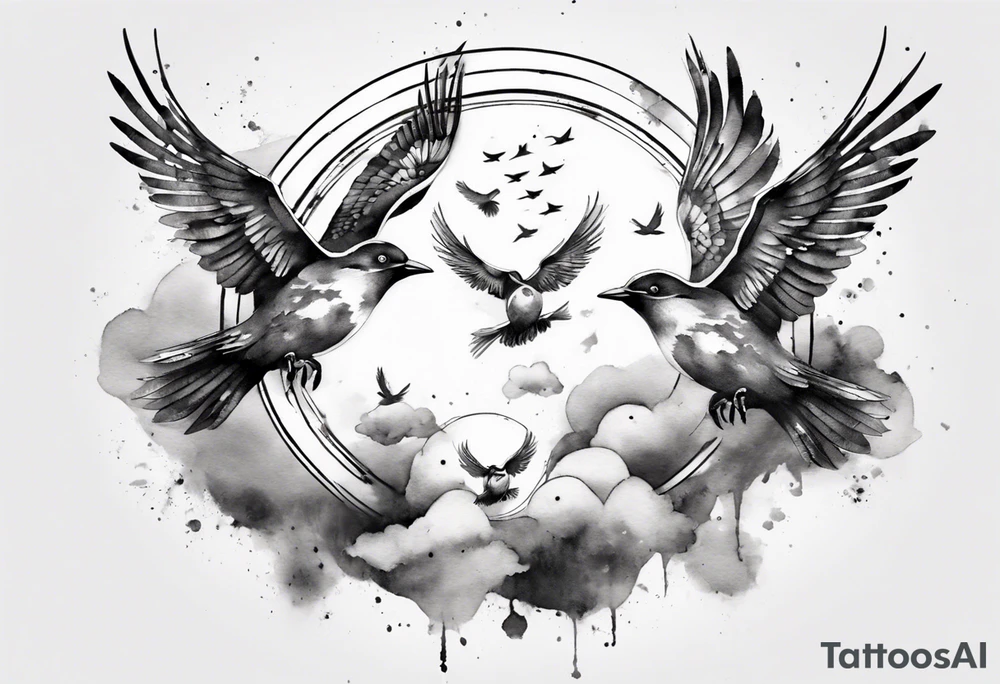 shoulder tattoo with light rays with birds flying free among the clouds, round shape, 3d effect tattoo idea