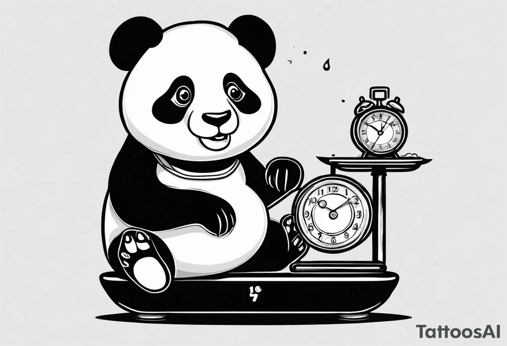 panda on a scale displaying 7.11 lbs and a digital clock showing 1:17 tattoo idea