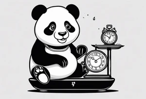 panda on a scale displaying 7.11 lbs and a digital clock showing 1:17 tattoo idea