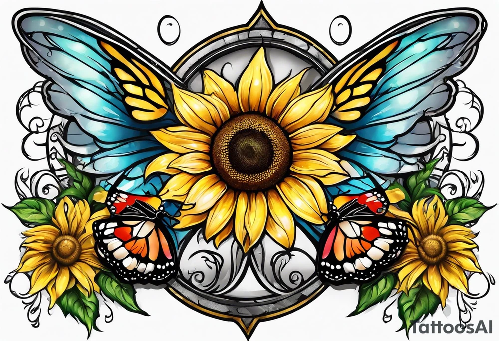 Sleeve with angel wings, sunflower and butterfly tattoo idea