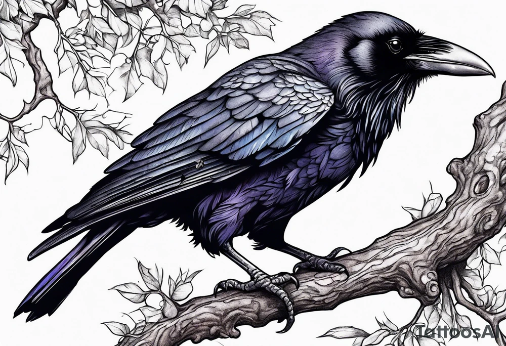 Evil Raven standing  on a tree branch tattoo idea