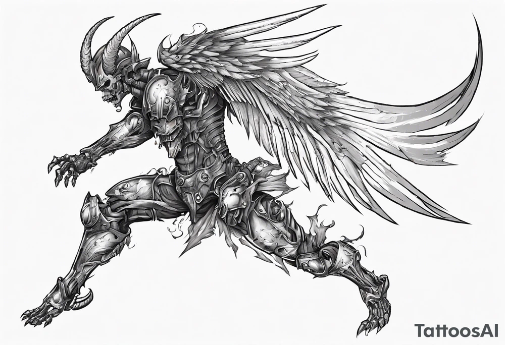 Side view of a demon angel wearing inorganic armor that is in mid-air in attack position. tattoo idea