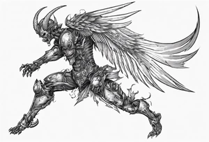 Side view of a demon angel wearing inorganic armor that is in mid-air in attack position. tattoo idea