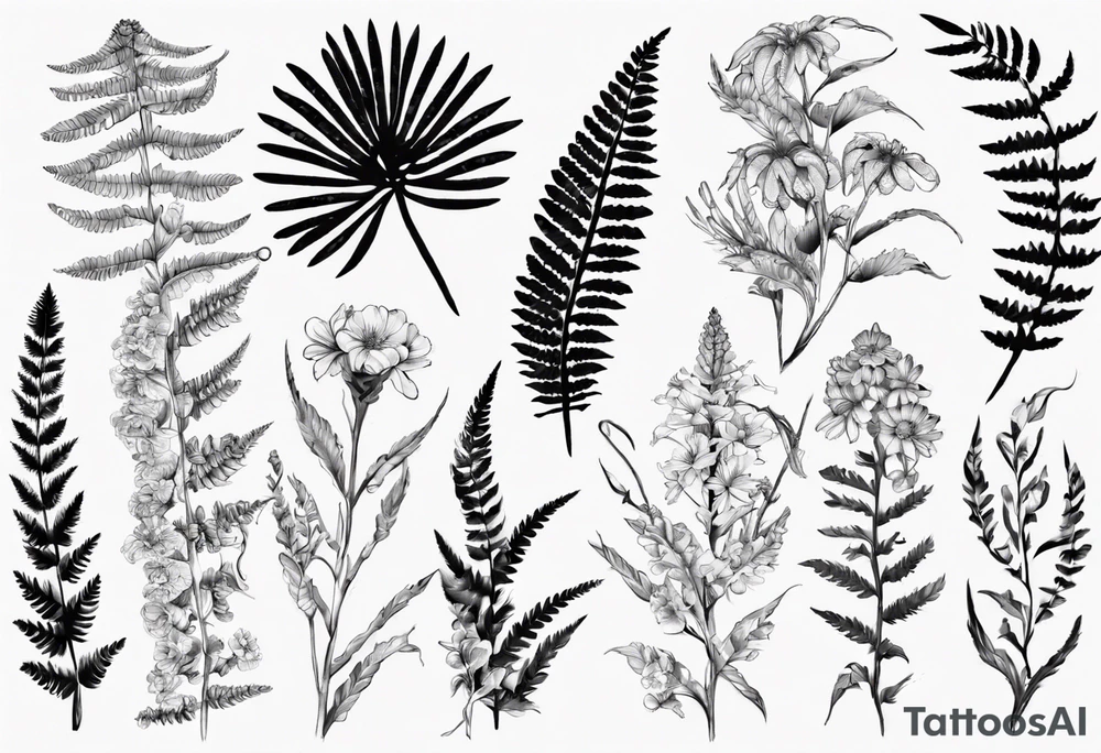 Sword fern and Vancouver island wildflowers tattoo idea Sword fern and Vancouver island wildflowers tattoo idea