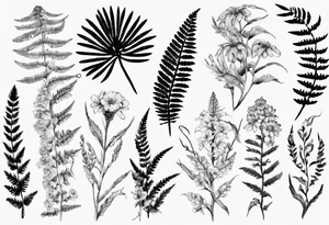 Sword fern and Vancouver island wildflowers tattoo idea
