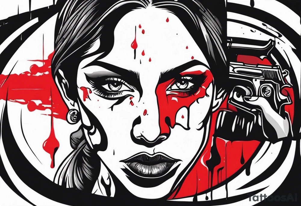 In the reflection of a eye crying blood two black siloets of people holding guns one man dead on the ground with a wounded woman standing behind him tattoo idea