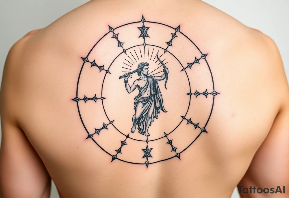 For the tattoo, you could have Apollo at the center of the constellation or circle of stars, holding his lyre (which represents harmony and creativity) or a bow (symbolizing precision and aiming toward your goals). His radiance could emanate outward, subtly merging with the stars or constellation, representing how your potential—though it might still be unfolding—is being guided and illuminated by his influence.

You could also place the one "unreached" star just slightly outside of the central circle, with Apollo’s light reaching toward it, signifying that while you may not have fully realized your potential yet, it's something that Apollo's guidance can help bring into focus. On the arm and part of a sleeve tattoo idea