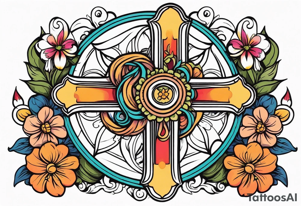 plain cross surrounded 
 with flowers and twisted around cross
 colorful tattoo idea