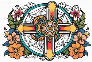 plain cross surrounded 
 with flowers and twisted around cross
 colorful tattoo idea