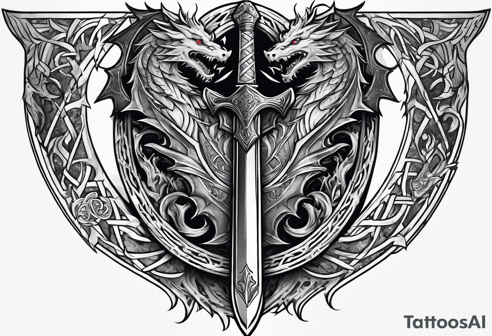 Valhalla sword shield dragon axe tattoo idea