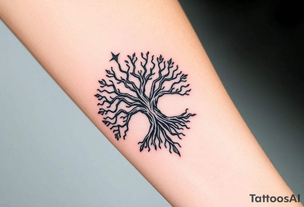 mystical tree of life with cosmic roots and celestial branches tattoo idea
