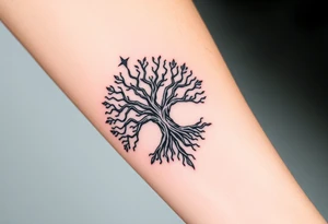 mystical tree of life with cosmic roots and celestial branches tattoo idea