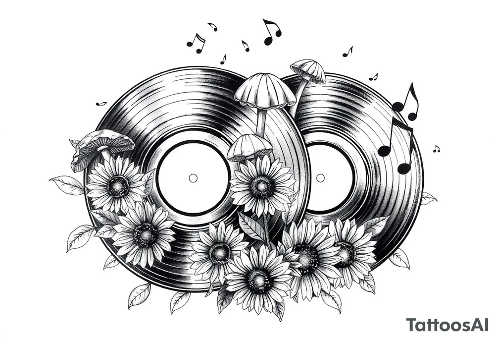 two overlapping vinyl records with mushrooms, sunflowers, and music notes tattoo idea