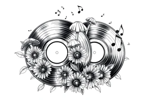 two overlapping vinyl records with mushrooms, sunflowers, and music notes tattoo idea