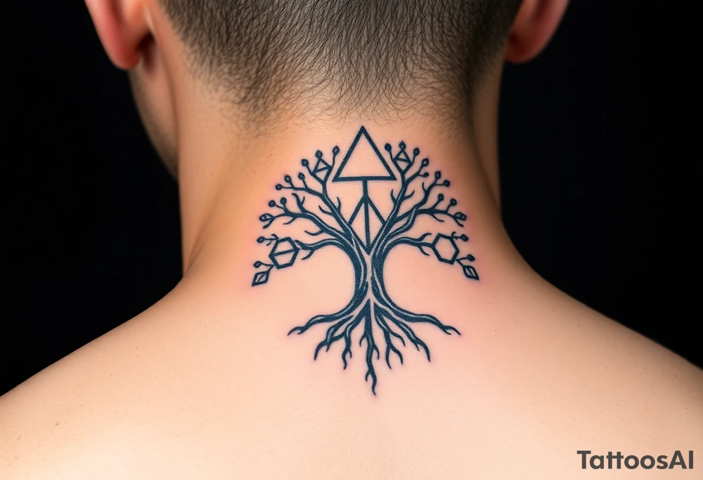 A geometric family tree with deep root interconnected triangles and hexagons, reflecting the strong foundation of ancestry tattoo idea