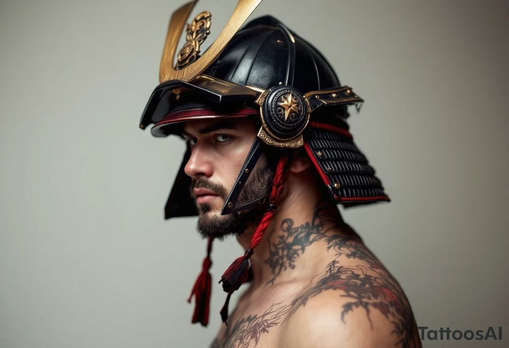 A samurai helmet (kabuto) in deep black steel with crimson cords and gold trim. tattoo idea
