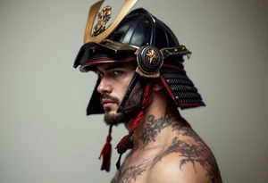 A samurai helmet (kabuto) in deep black steel with crimson cords and gold trim. tattoo idea
