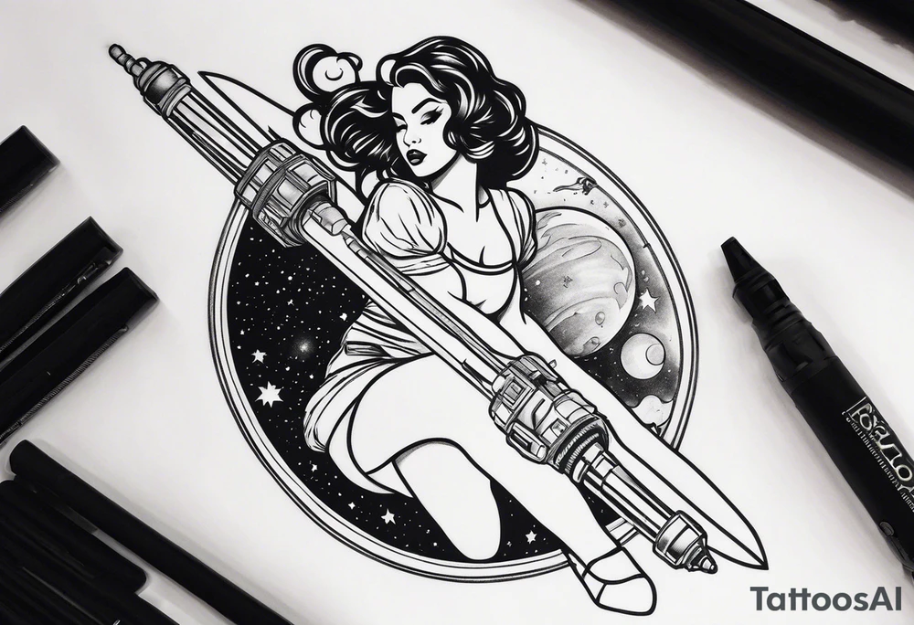 Pinup woman holding light saber in space tattoo idea