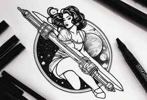 Pinup woman holding light saber in space tattoo idea