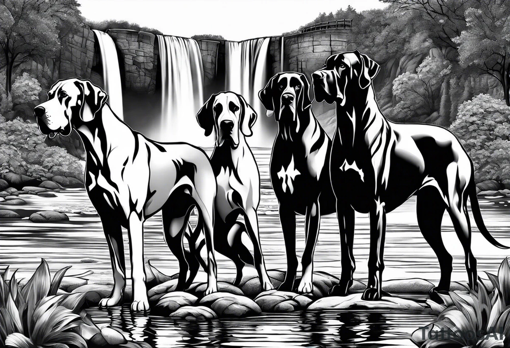 Arm sleeve- with four Great Danes in front of waterfall tattoo idea