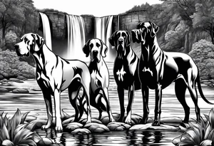 Arm sleeve-  with four Great Danes in front of waterfall tattoo idea