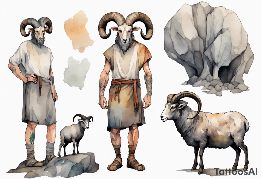 a solitary broad-shouldered man with the head of a big-horned sheep, wearing a grey tunic standing before a cave with cloven feet tattoo idea