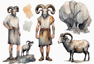 a solitary broad-shouldered man with the head of a big-horned sheep, wearing a grey tunic standing before a cave with cloven feet tattoo idea