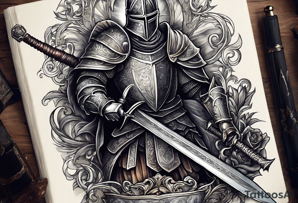 a knight pulling a sword out of an open bible tattoo idea